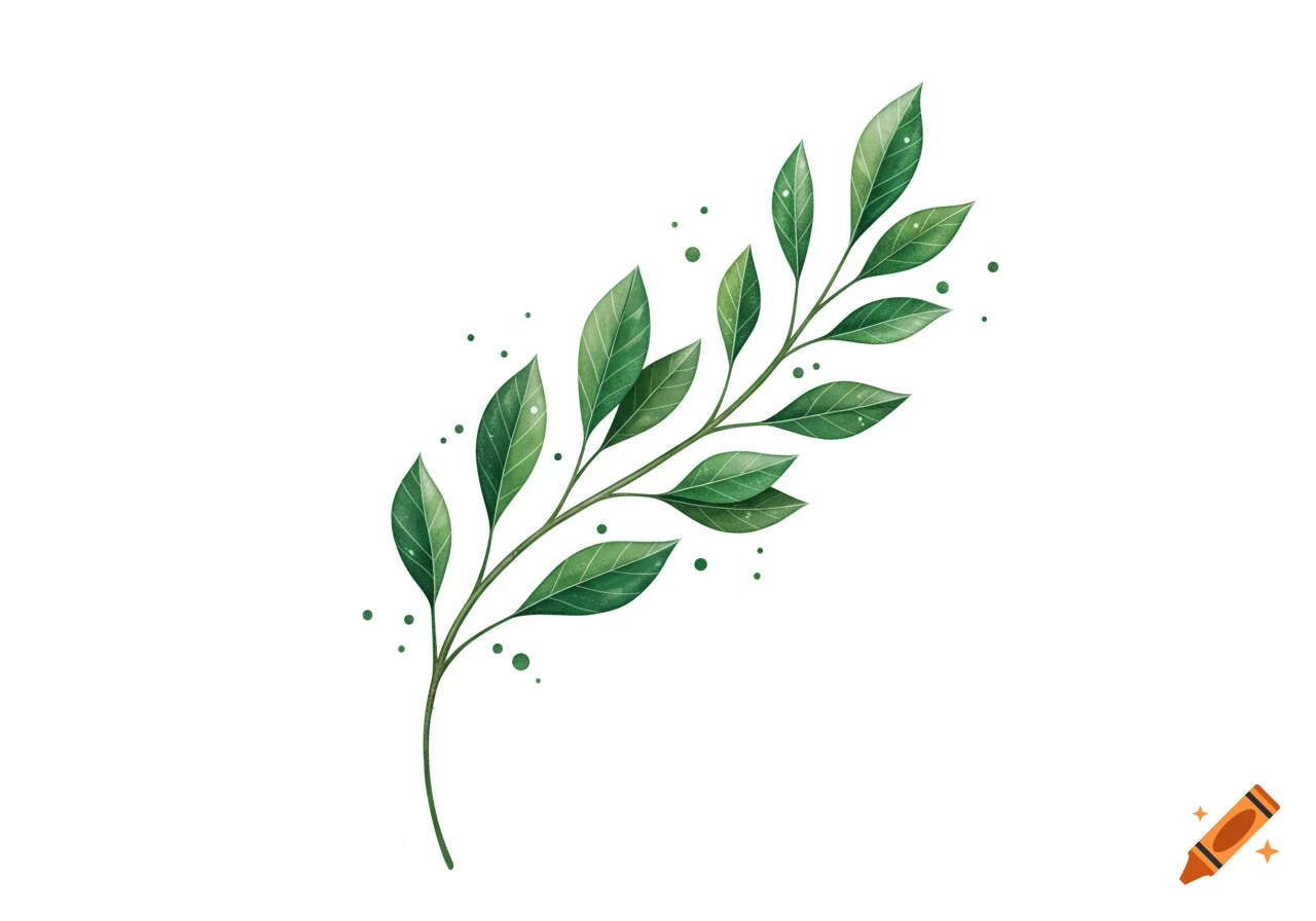 A watercolor illustration of a green leafy sprig with small green dots floating around it on a white background.