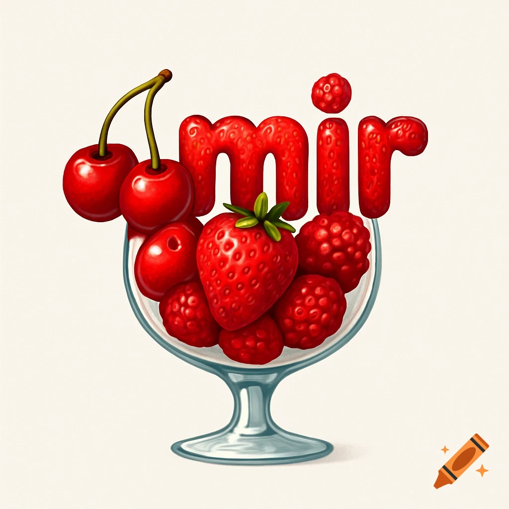 A glass overflowing with red cherries, strawberries, and raspberries. The word 'mir' is formed by red berries floating above.