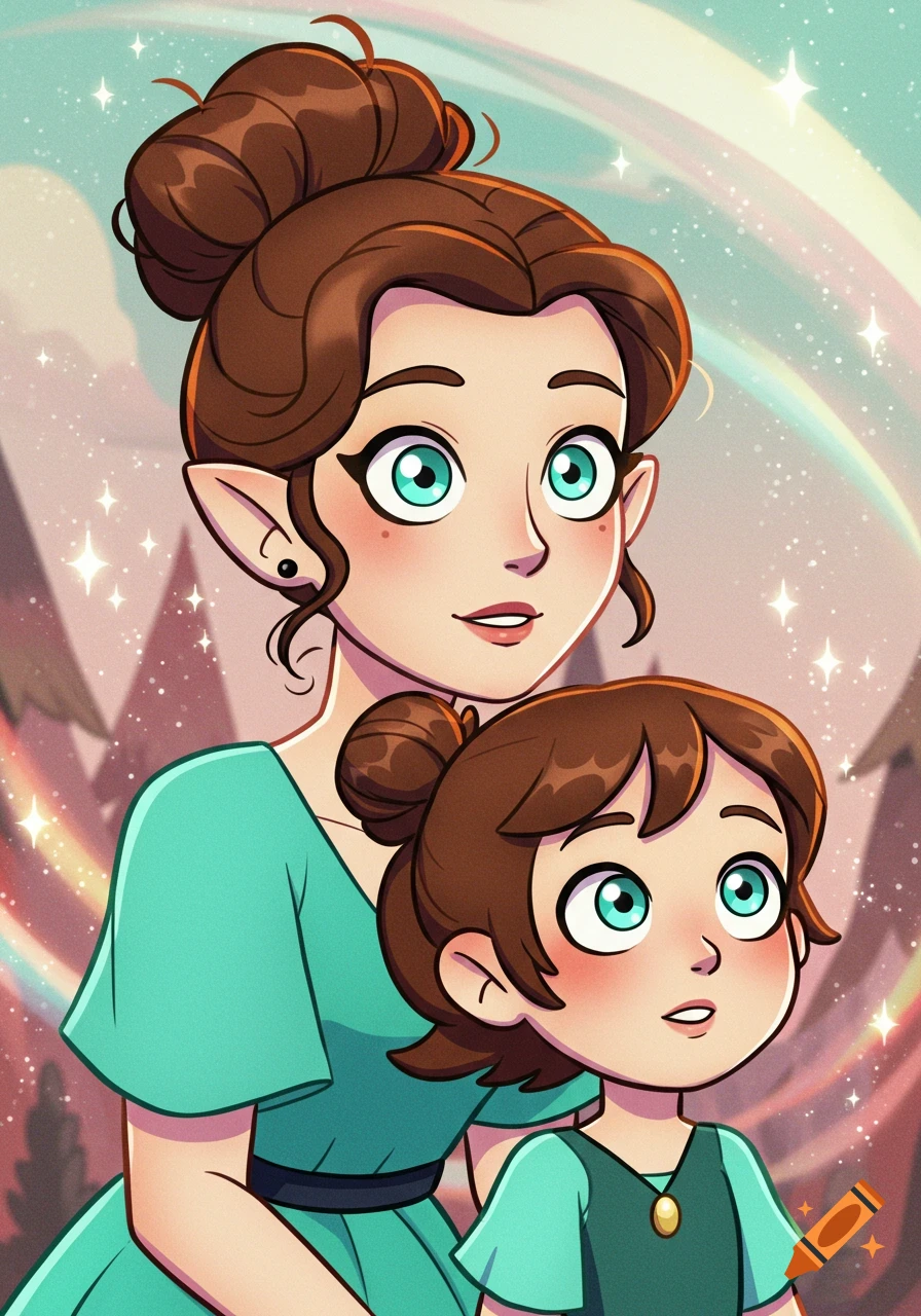A cartoon mother and daughter with brown hair and teal outfits, against a sparkly, rainbow-hued background in The Owl House style.