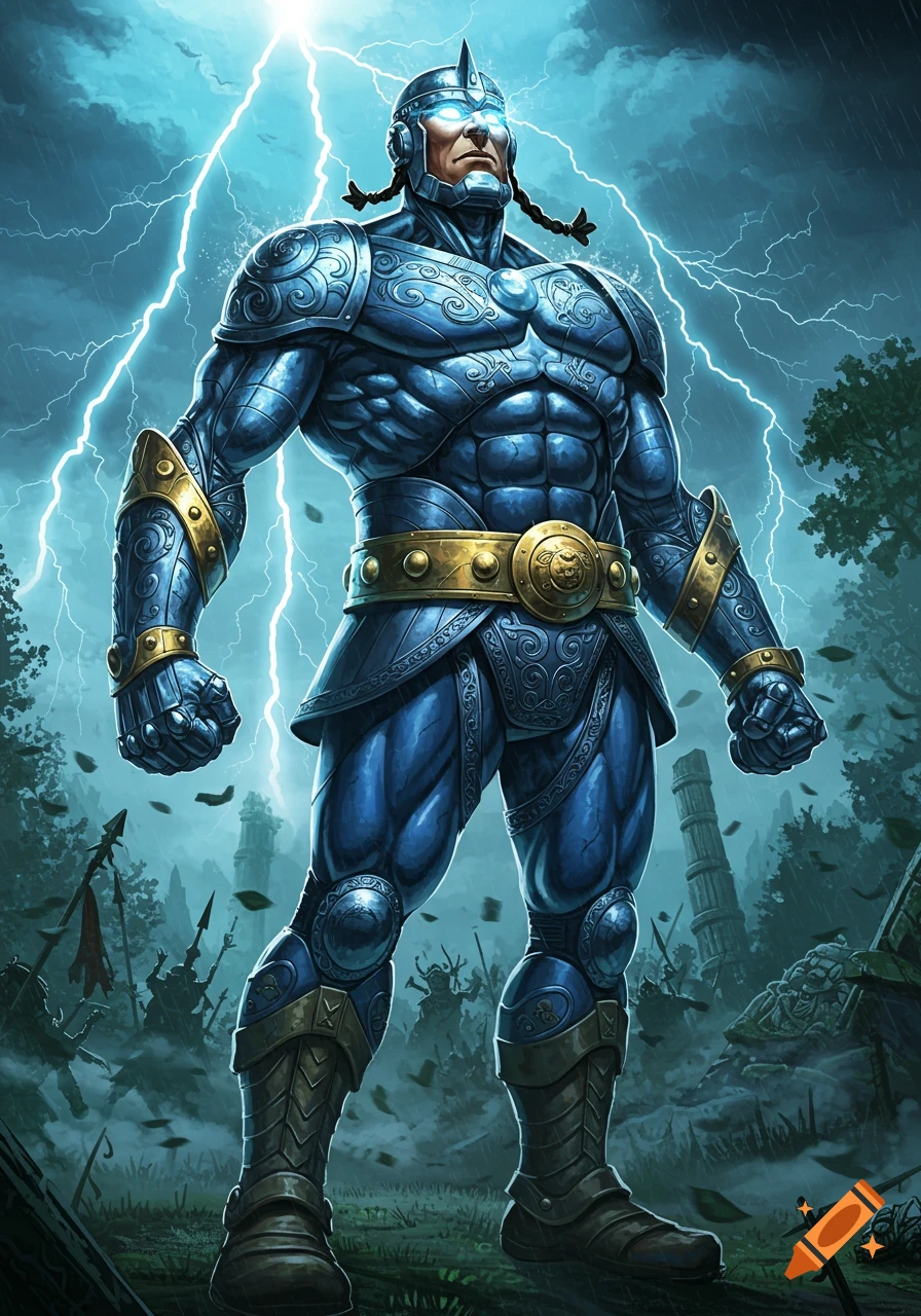 Muscular armored warrior stands on a stormy battlefield with lightning, shadowy figures, and ruins in comic book art style.
