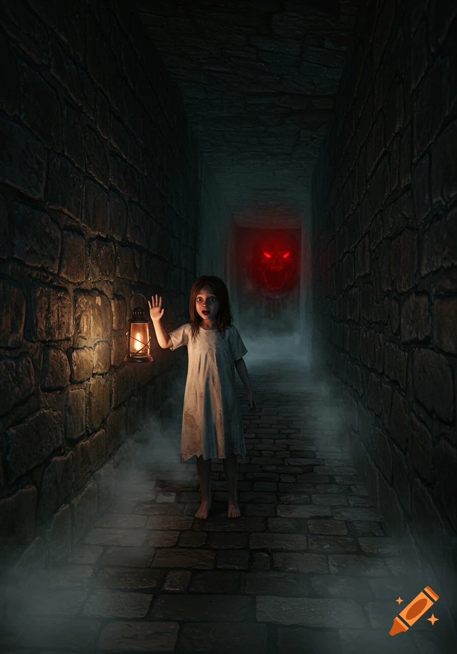 A scared girl with a lantern in a dark, foggy stone corridor, looking at a glowing red skull-like face in the distance.