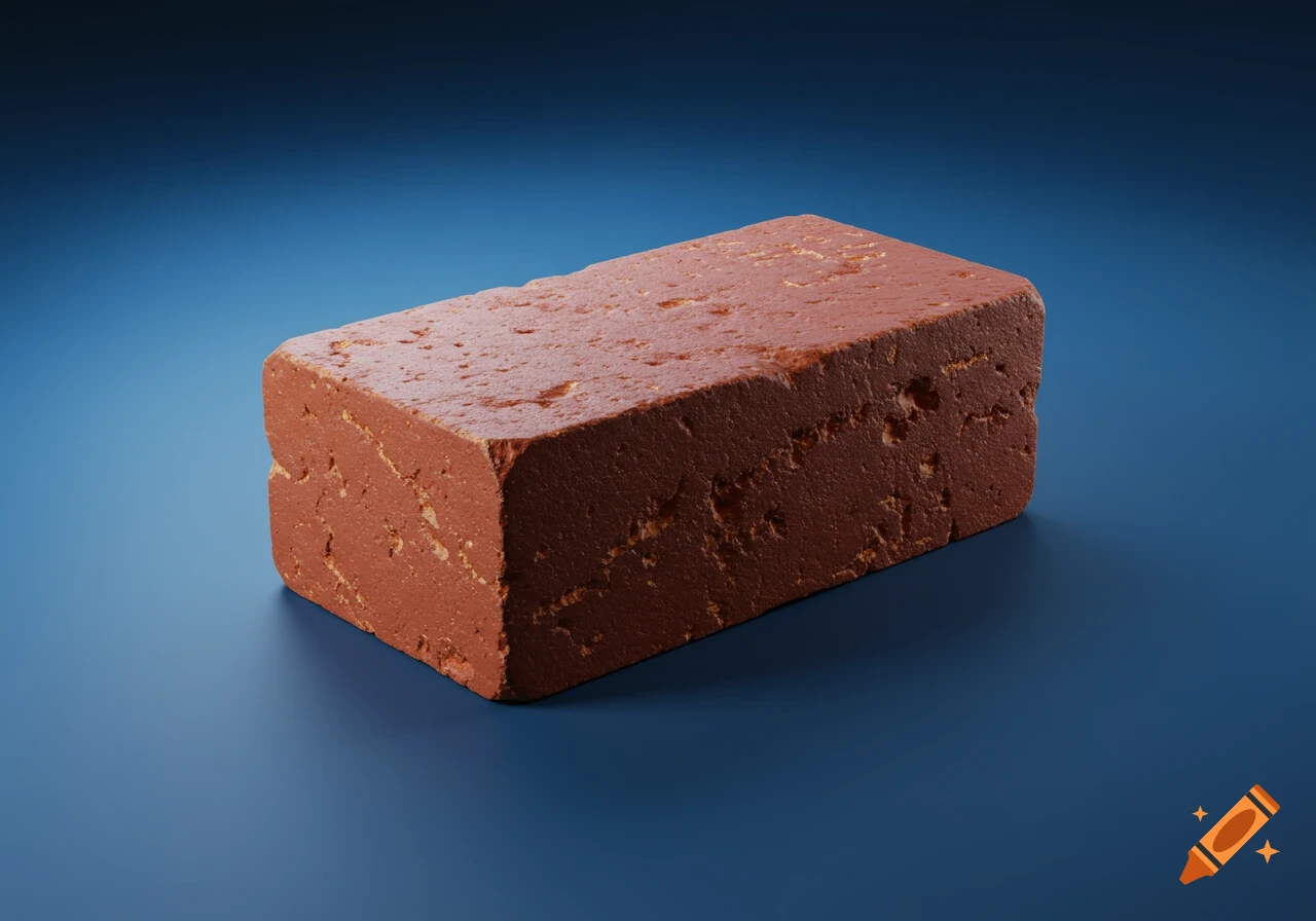 A single reddish-brown brick with a textured surface resting on a blue background, lit to show depth and detail.