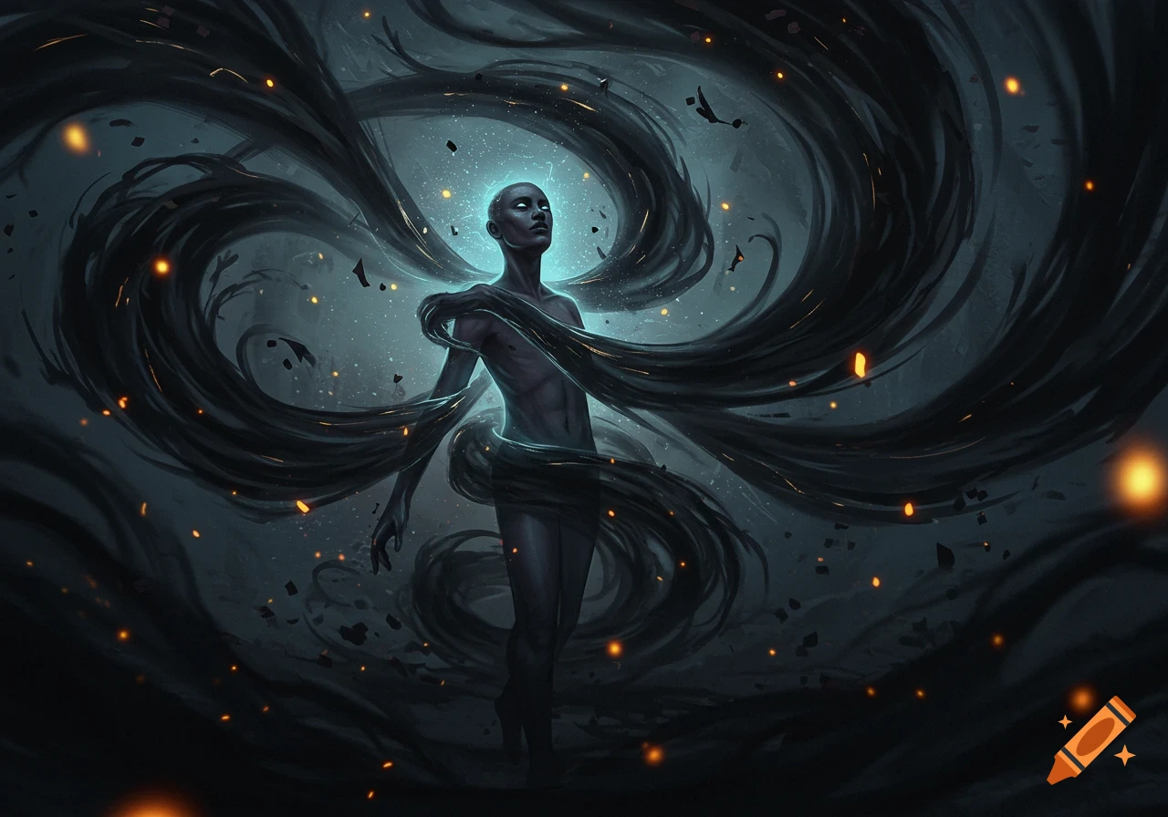 A pale, bald figure with glowing eyes stands amidst swirling dark auras and glowing orange particles.