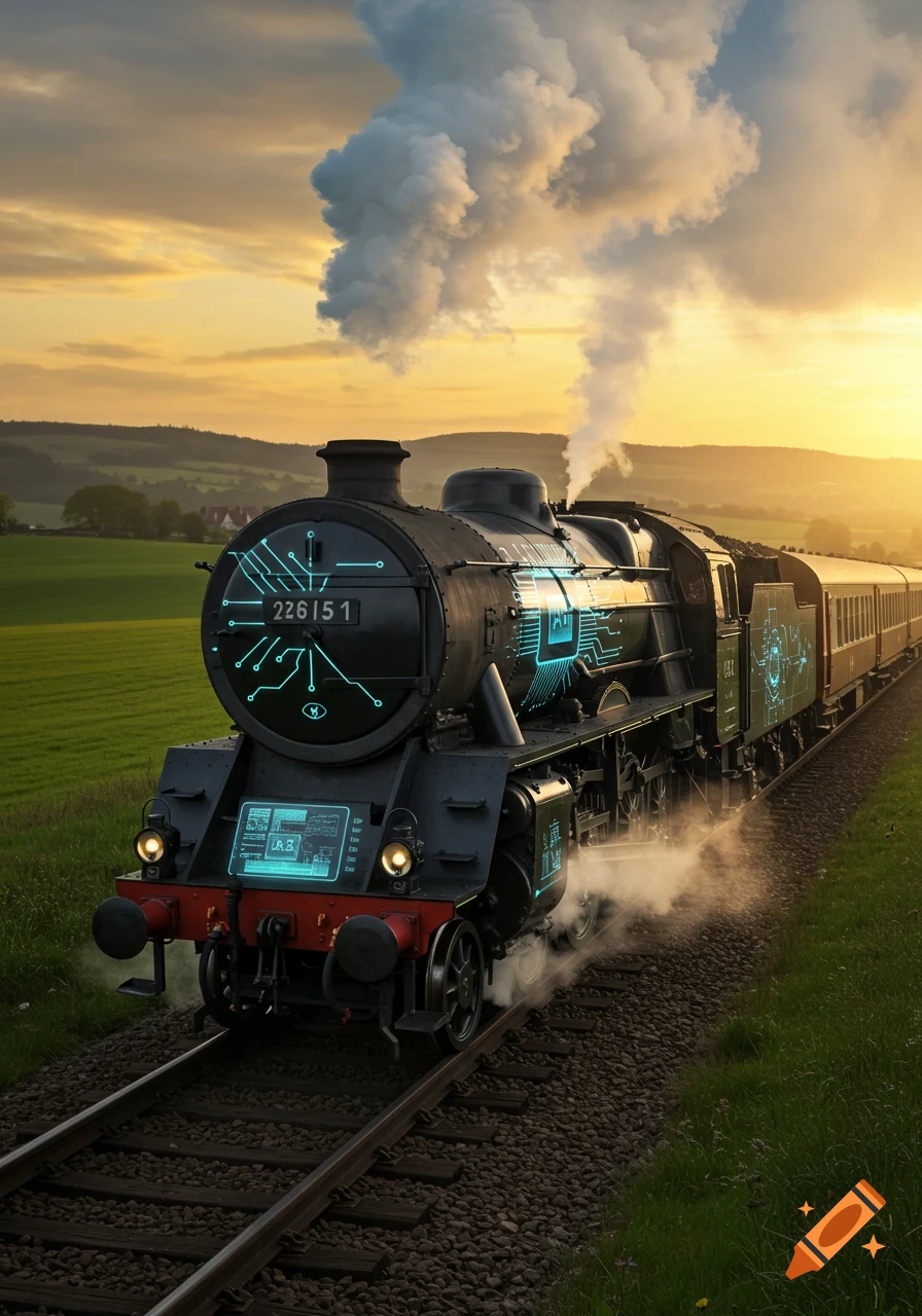 A photorealistic, old-fashioned steam train with glowing blue AI circuit patterns travels through green fields at sunset.