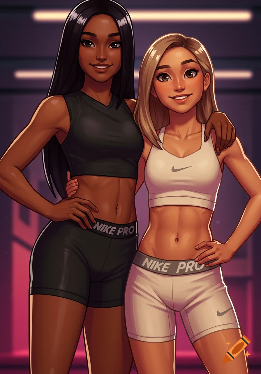 Two smiling cartoon girls in Nike athletic wear, one with dark skin in black, one with light skin in white, stand side-by-side.