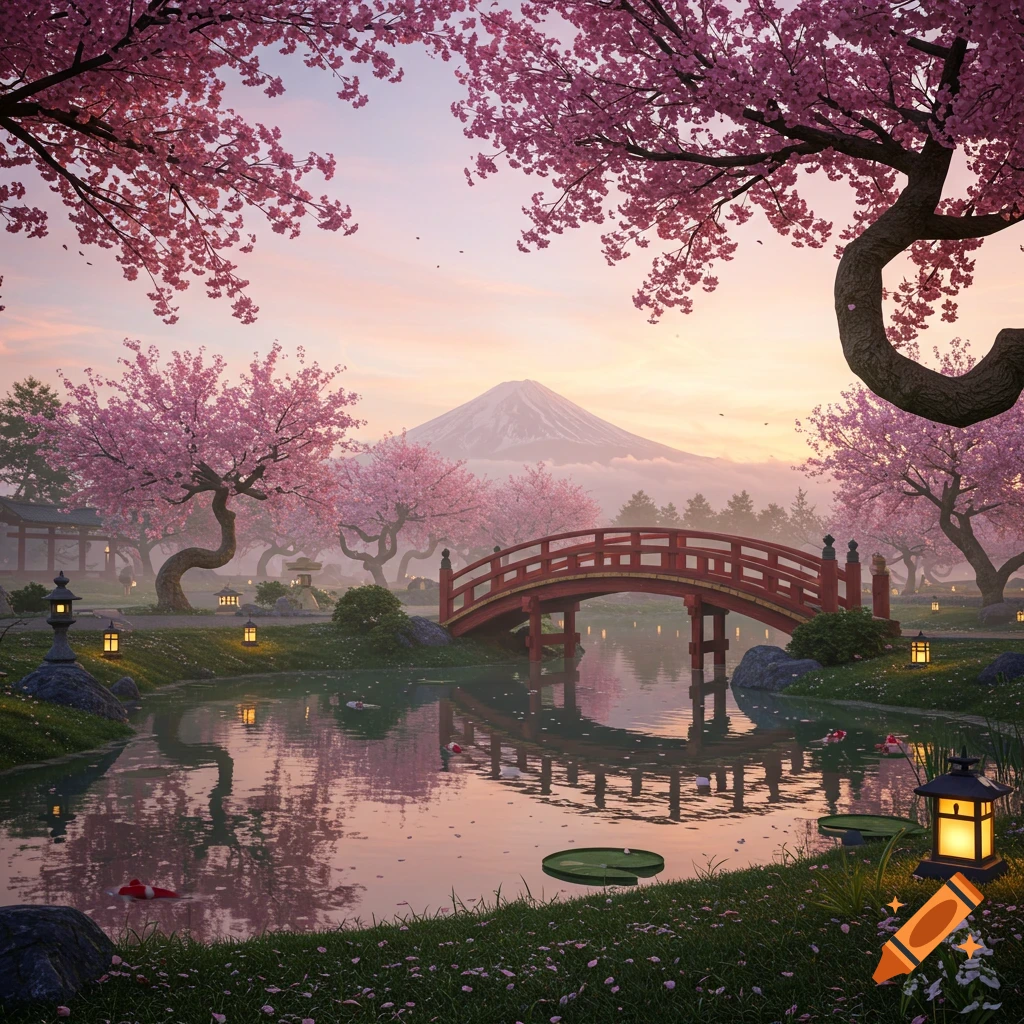 A serene Japanese garden with pink cherry blossom trees, a red arched bridge over a pond, and Mount Fuji in the background at sunrise.