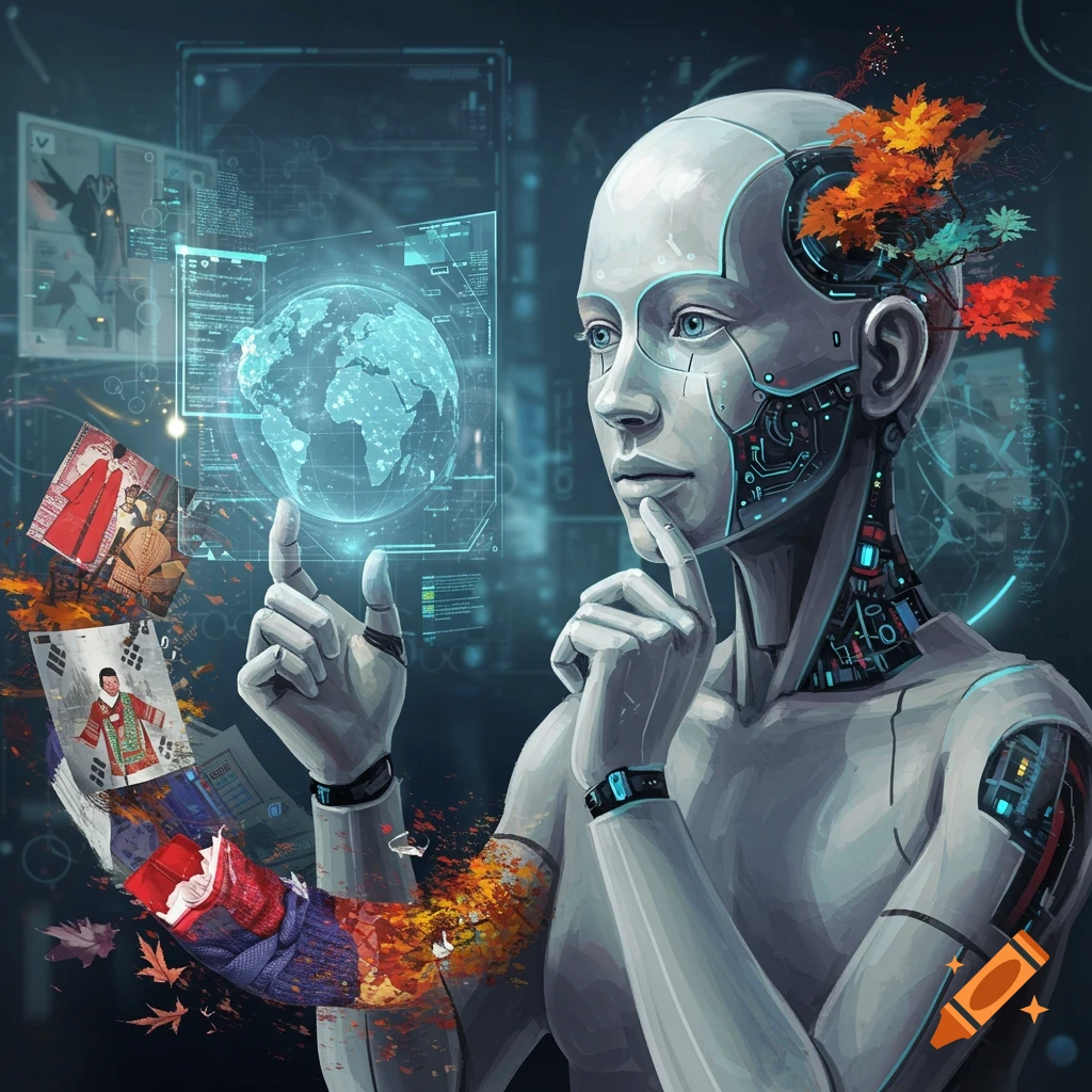 A humanoid robot interacting with holographic screens displaying a glowing globe and abstract data, with autumn leaves integrated into its head and arm, in a digital art style.