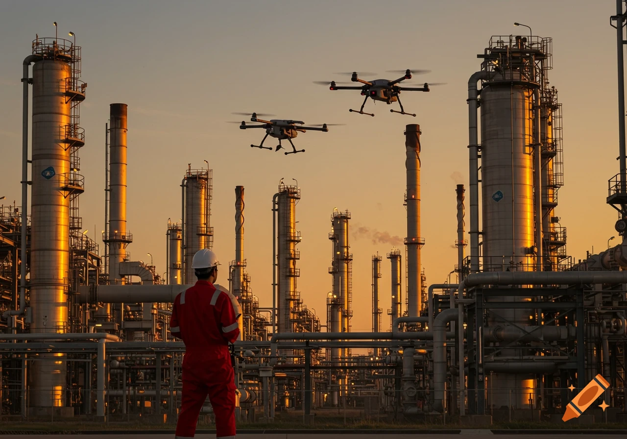 Worker in red jumpsuit and hard hat observes two drones flying over an oil refinery at sunset.