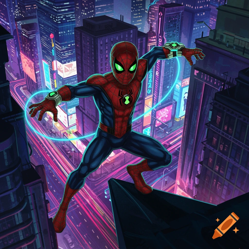 Spider-Man with Ben 10 Omnitrix armbands and chest symbol crouches on a rooftop overlooking a neon-lit futuristic city at night.