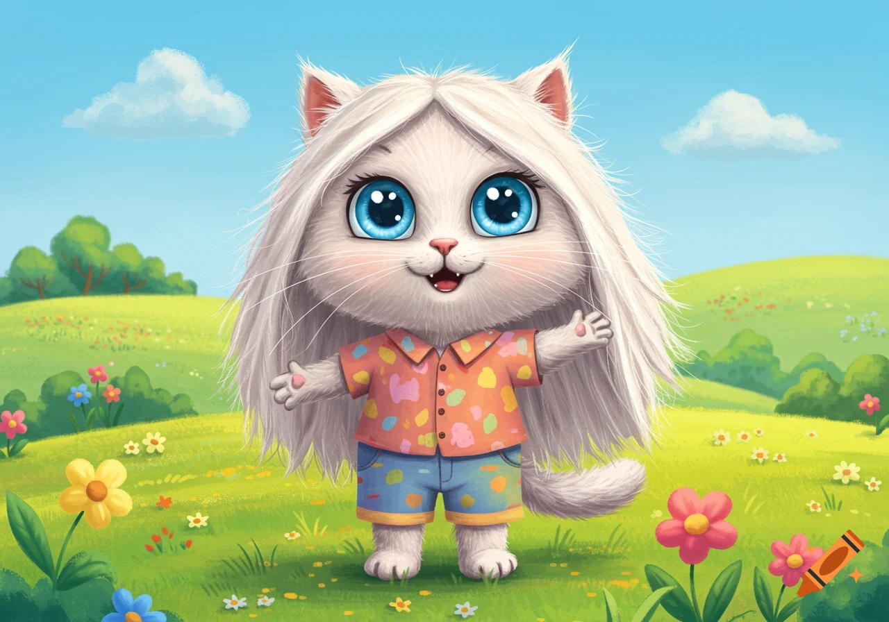 A cute white cartoon kitty with big blue eyes and long hair, wearing a colorful shirt and shorts, smiling in a green field with flowers.
