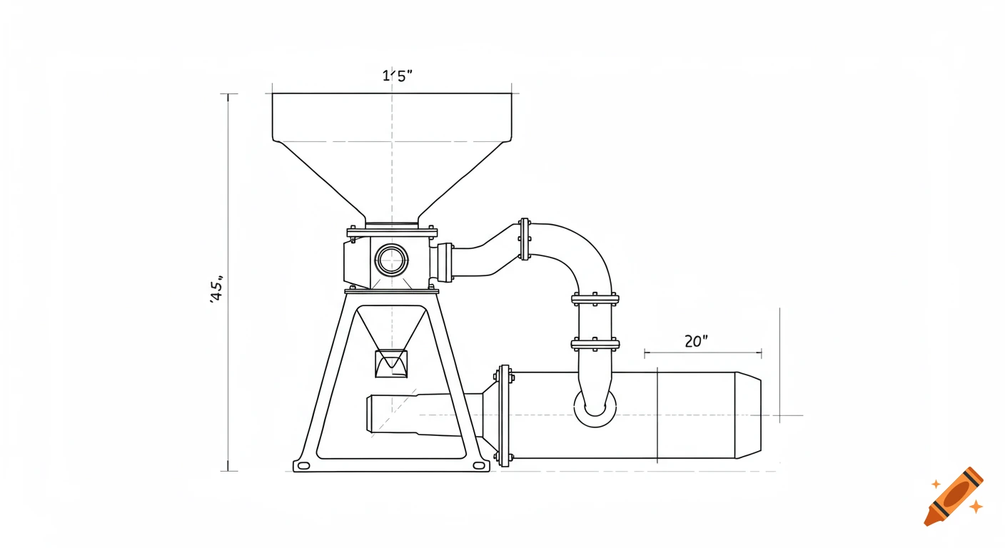 A side-view technical sketch of an industrial grinder machine with hoppers, pipes, and a refinement cylinder, including dimension markings.