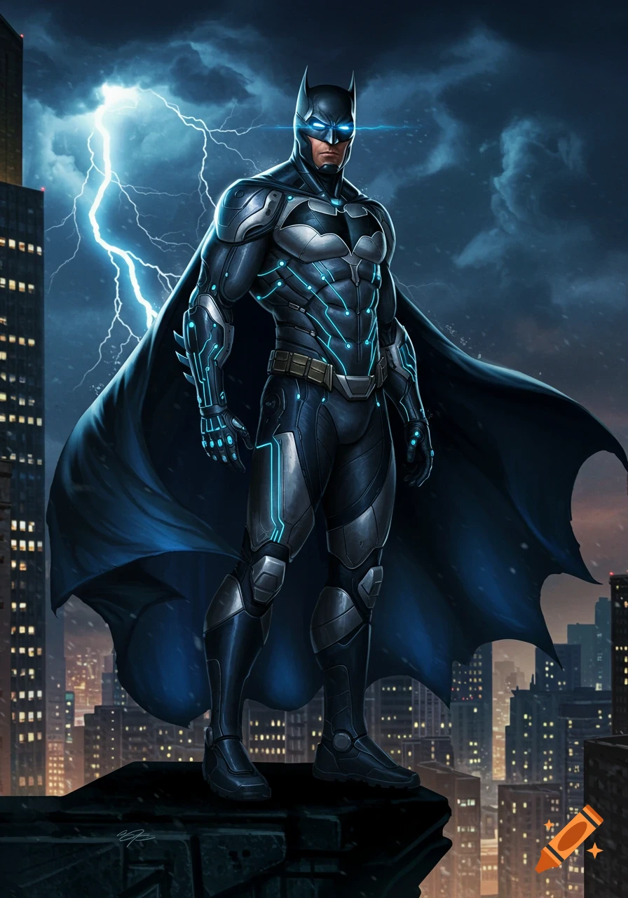 Batman in a futuristic black and silver suit with glowing blue accents and cape, standing on a skyscraper rooftop with lightning in a stormy night sky over a city.