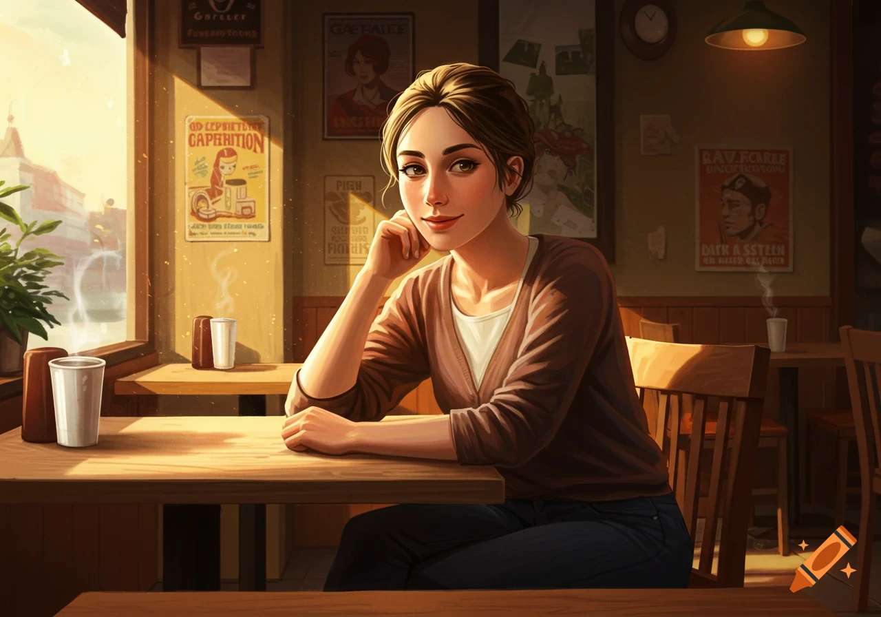 A smiling woman with brown hair, wearing a brown cardigan, sits at a wooden table in a sunlit cafe, digital art.