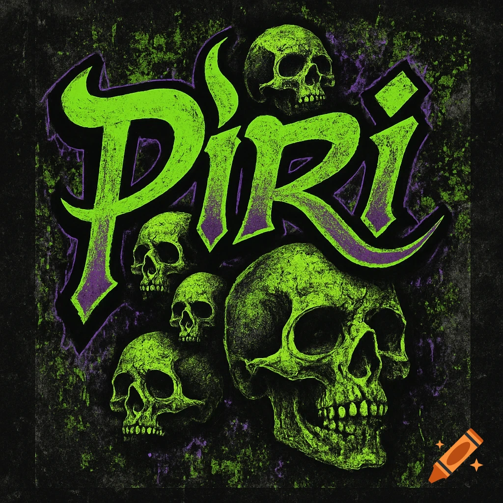 Stylized green and purple 'Piri' graffiti lettering with multiple grungy green skulls on a dark background.