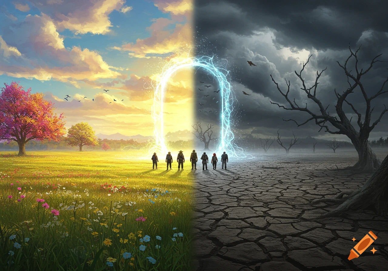 A group of people stands before a glowing portal, which divides a lush, vibrant landscape on the left from a desolate, cracked earth on the right.