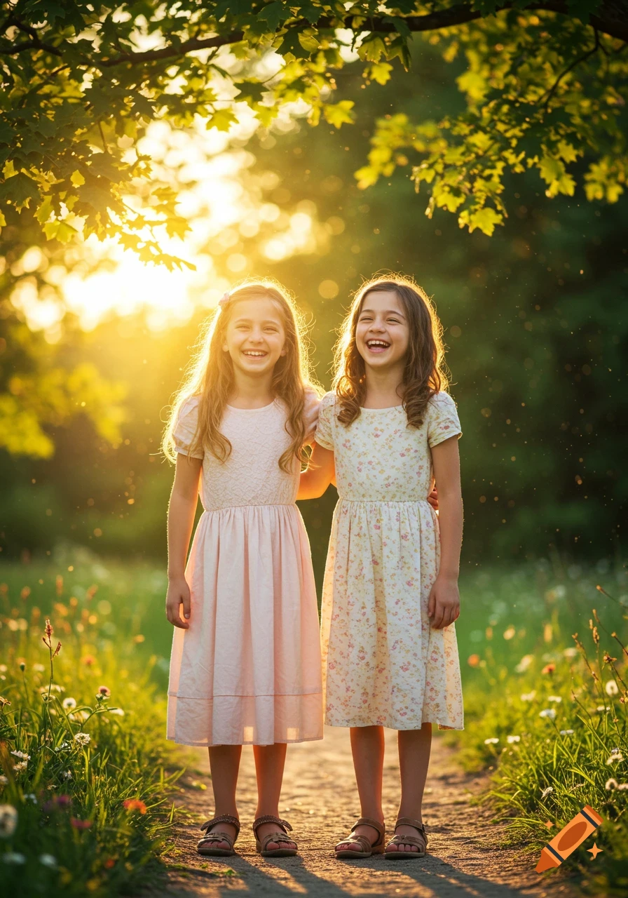 Two young girls with long hair smiling and laughing, standing in a sunny, green park with trees overhead.