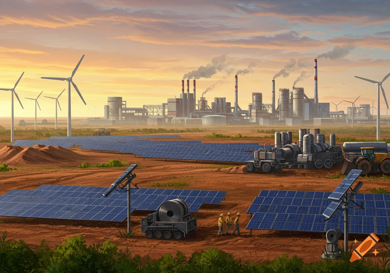 An industrial landscape at sunset featuring factories, wind turbines, solar panels, and construction vehicles.