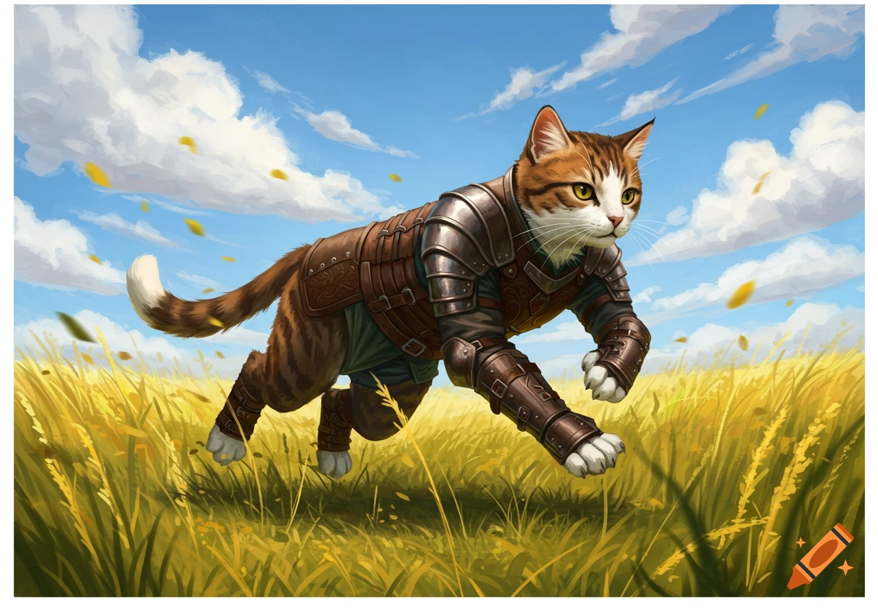 An anthropomorphic tabby cat in brown leather and metal armor runs through a golden field under a blue sky with white clouds.