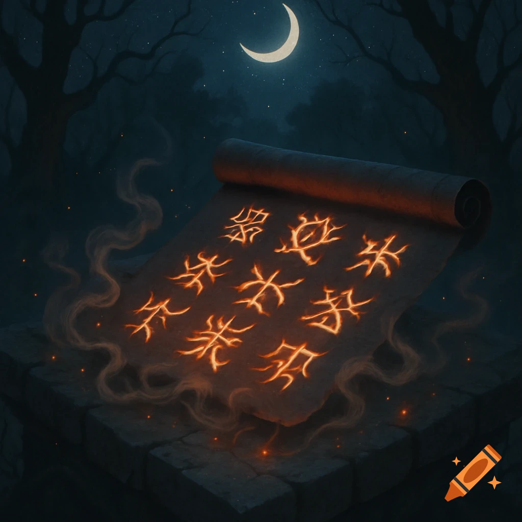 A dark fantasy illustration of a glowing scroll with demon runes, smoking on a stone platform under a crescent moon in a dark forest.