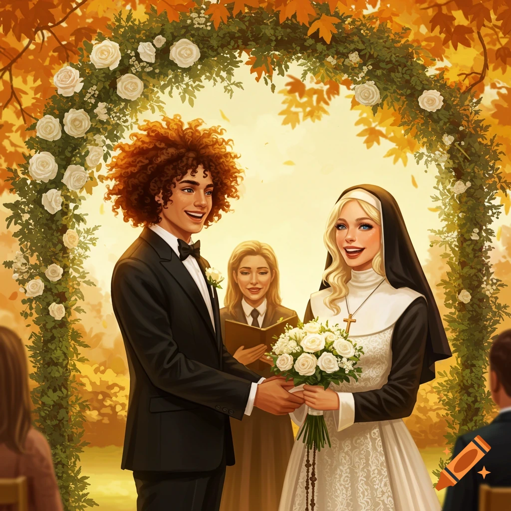 A man with curly hair and a nun in a white dress exchange vows under a floral arch at an autumn outdoor wedding.