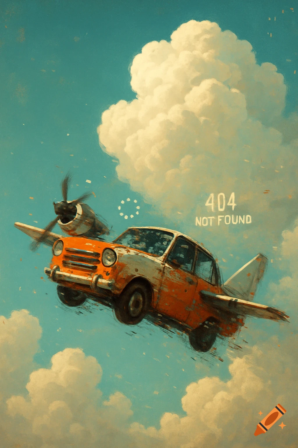 A retro-futuristic orange car-plane with propellers flies in a blue sky with clouds. "404 NOT FOUND" text is visible. Painterly style.