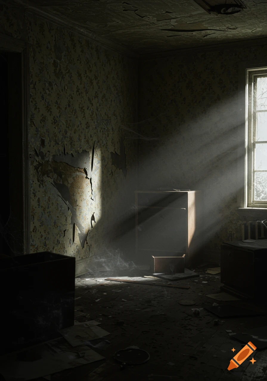Dimly lit abandoned room with peeling wallpaper, broken furniture, sunbeams through a dusty window, eerie photorealistic atmosphere.