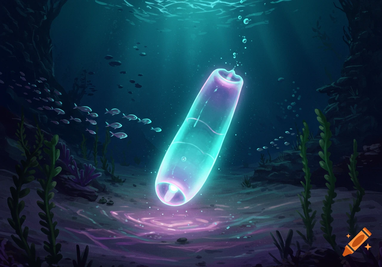 A glowing, translucent tube-like object floats in a dark blue underwater scene with fish and plants, illuminated by light rays from above.