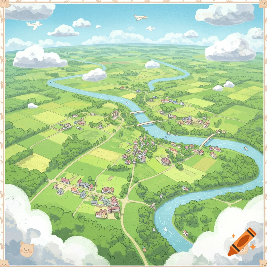 A charming cartoon aerial view of a vibrant green landscape with tiny towns, winding blue rivers, fields, roads, and small airplanes in the sky, framed by teddy bear icons.