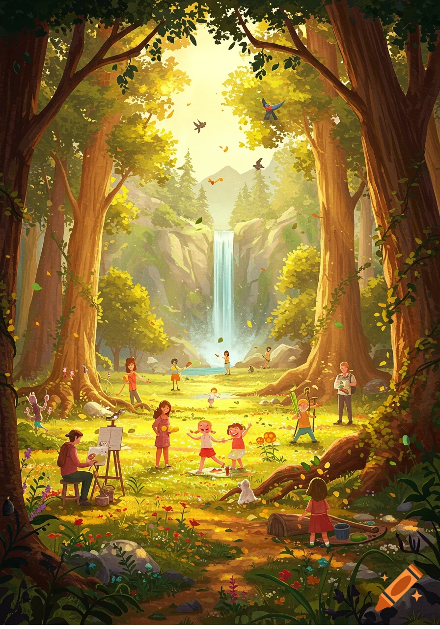 Vibrant illustration of a bustling forest with a waterfall, where people and children play, paint, and explore amidst lush trees.
