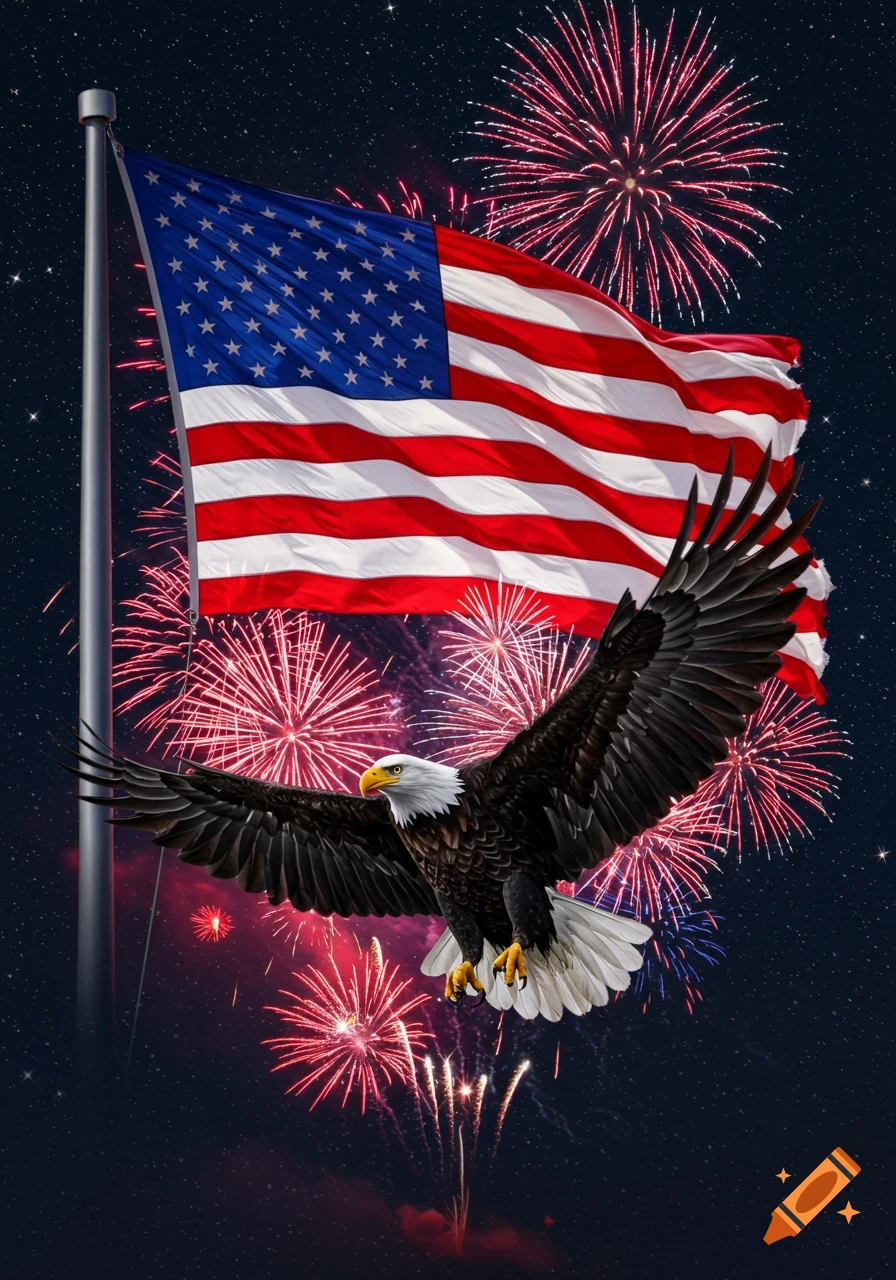 A bald eagle with outstretched wings flies in front of a waving American flag and red fireworks exploding in the night sky.