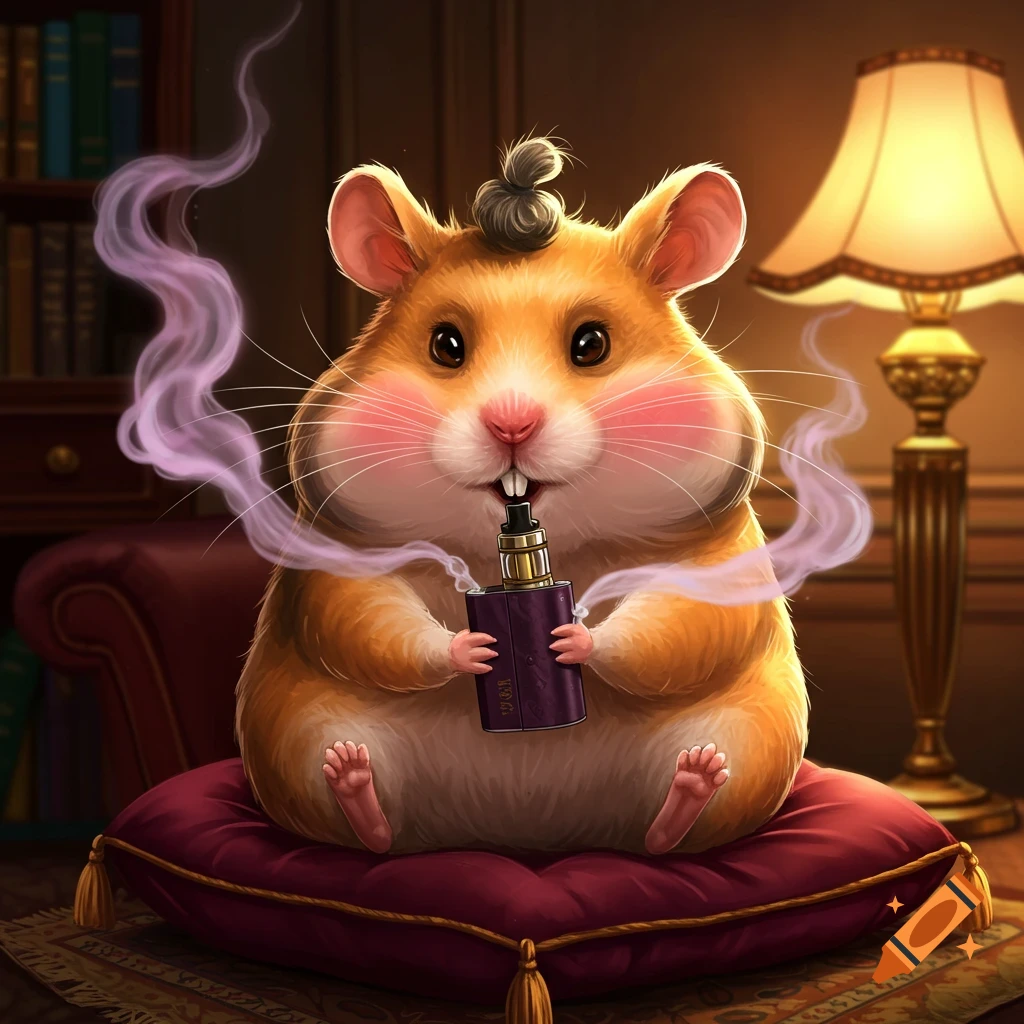 A cute, stylized cartoon hamster with a bun hairstyle sits on a red pillow and vapes, blowing purple smoke, in a cozy room with a lamp and bookshelf.