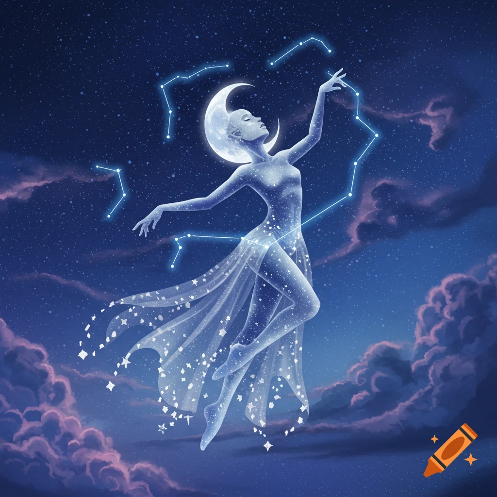 Ethereal woman made of stars and light, dancing in a night sky with constellations and a crescent moon.