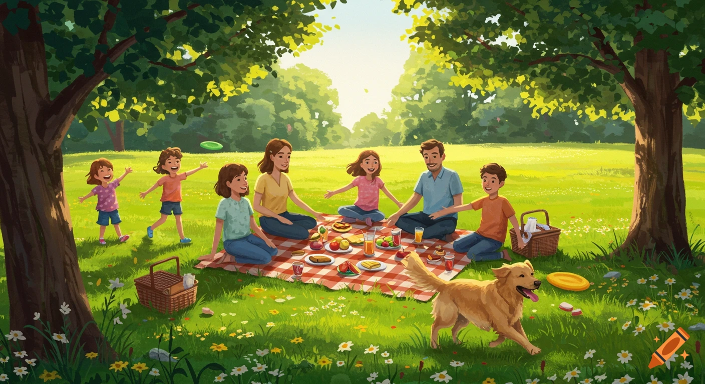 An illustrated family of six and a dog having a picnic in a sunny green park.
