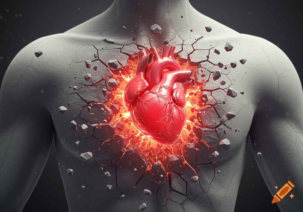 A stylized human torso cracking open to reveal a glowing red heart bursting from within, with rock fragments flying.