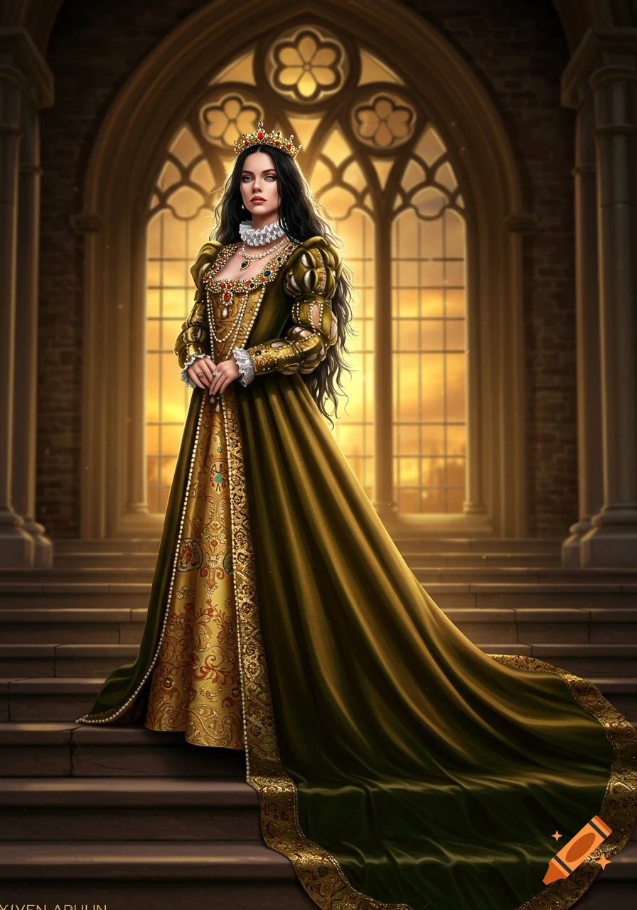 A woman in an ornate olive green and gold Queen Elizabeth I coronation dress and crown stands on stairs before a grand arched window.