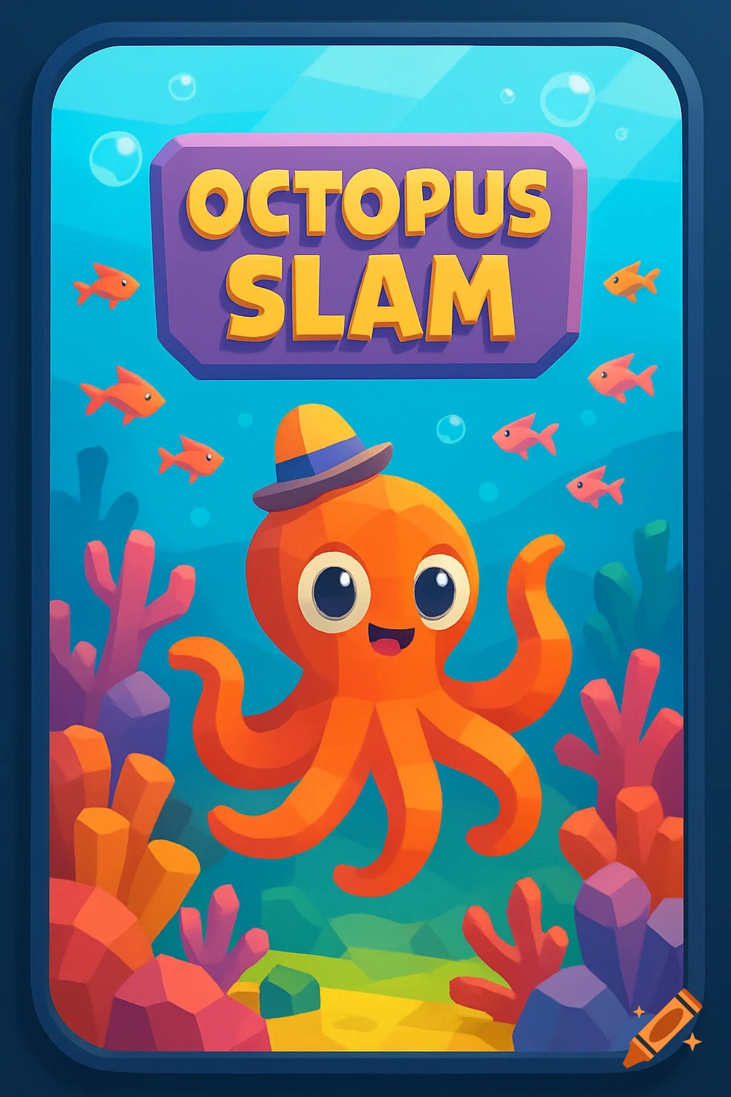 A cute, orange cartoon octopus wearing a hat swims underwater among colorful coral and fish, with "OCTOPUS SLAM" text.