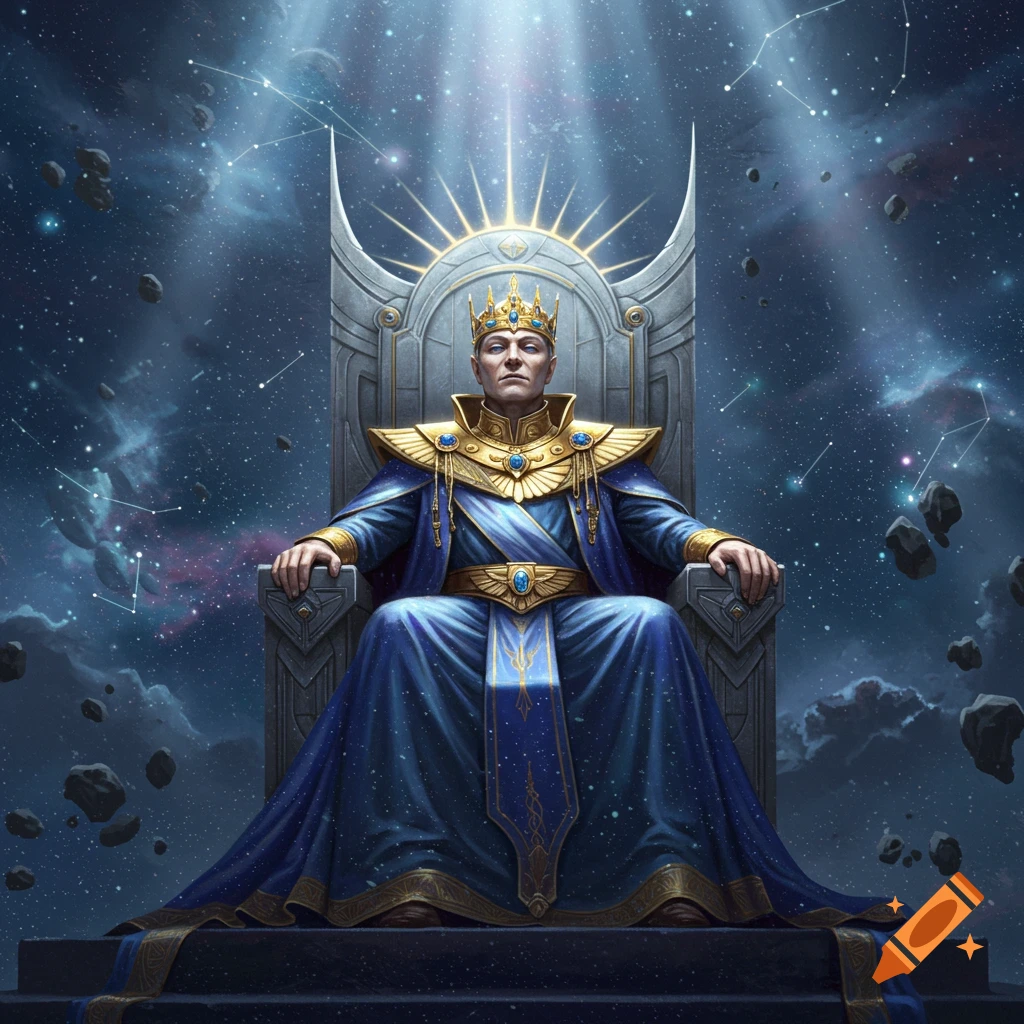 A regal king in a blue and gold robe sits on an ornate cosmic throne, radiating light in a starry space background.