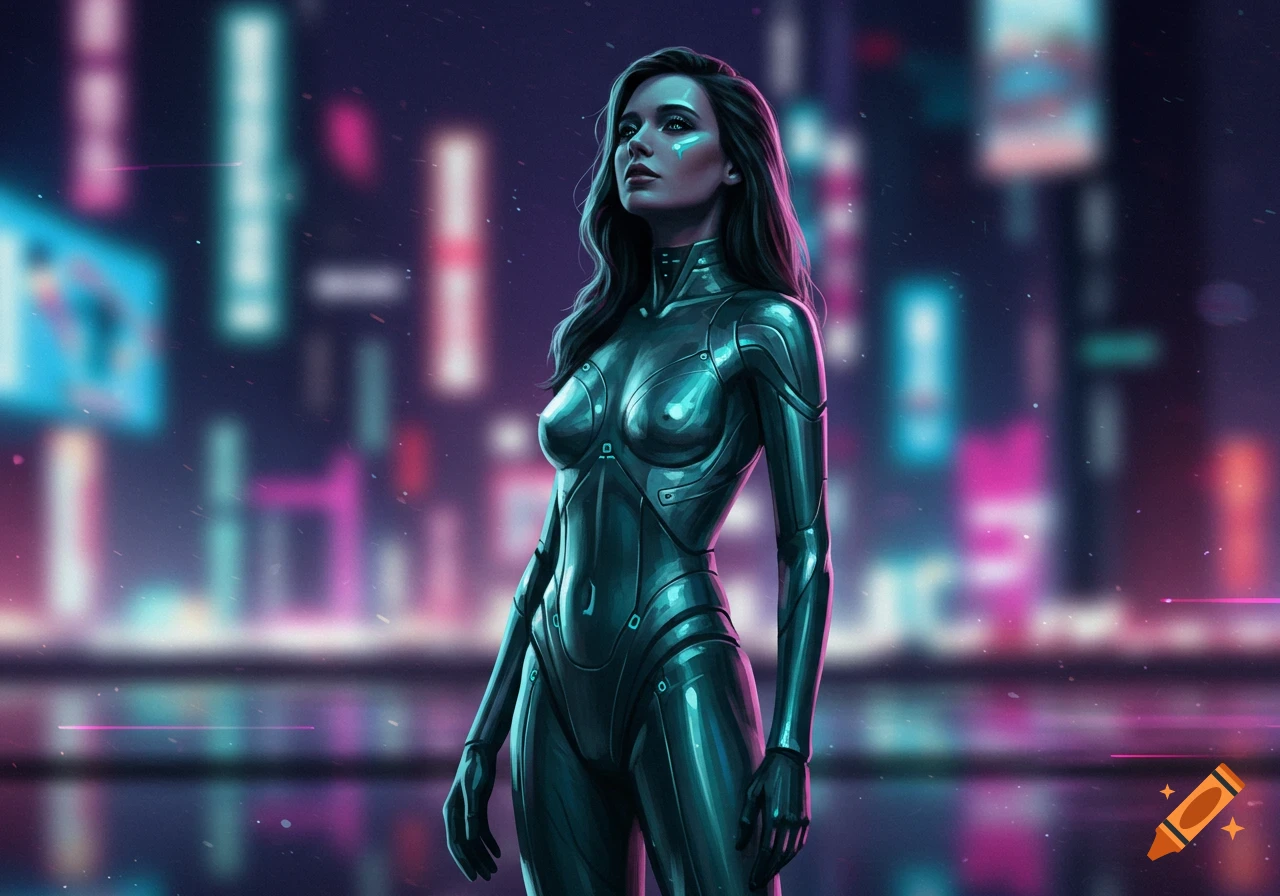 A woman in a shiny dark teal futuristic bodysuit with glowing face markings stands against a blurred neon cyberpunk city.