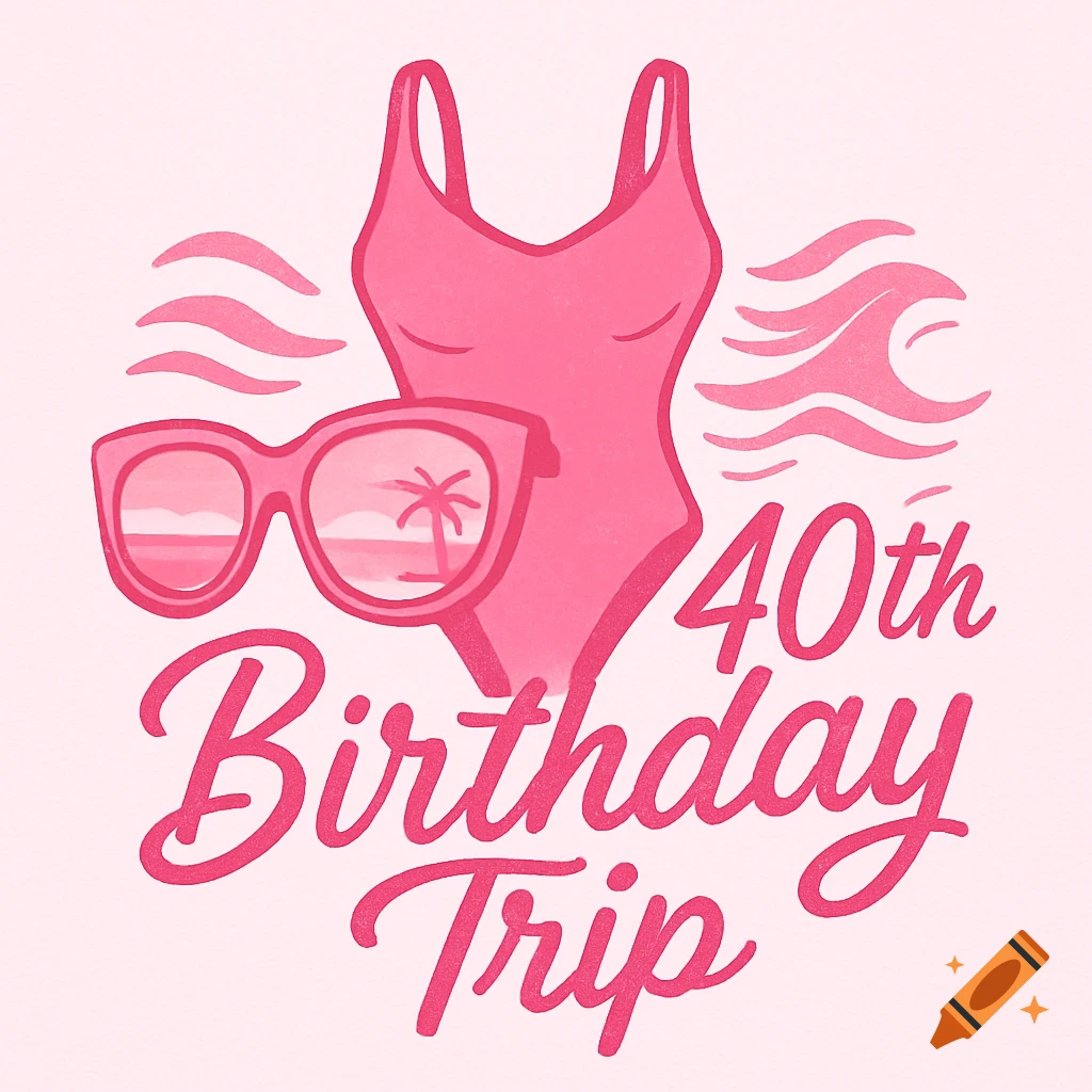Pink illustration for a 40th Birthday Trip with a swimsuit, sunglasses showing a beach, and ocean waves.