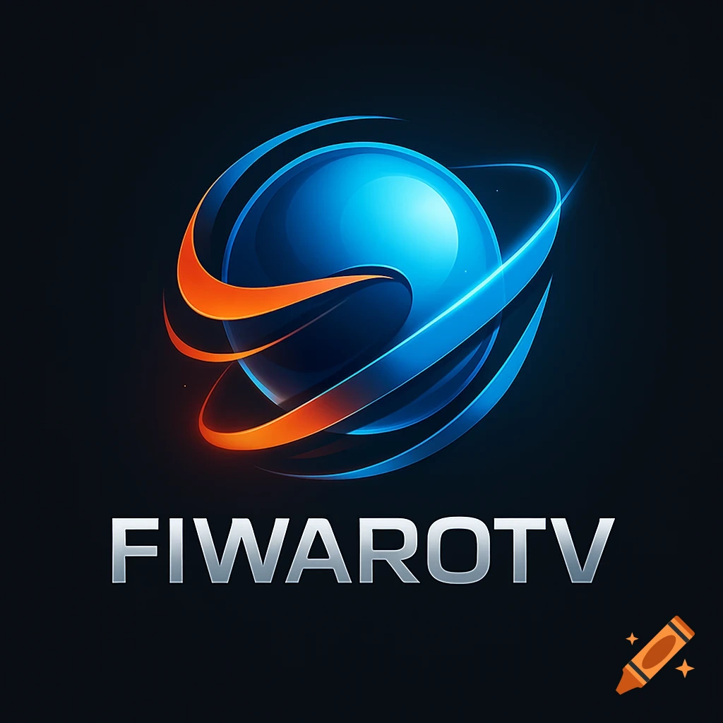 Glossy blue sphere with orange and blue swirling elements and the text 'FIWAROTV' on a dark background, forming a modern logo.