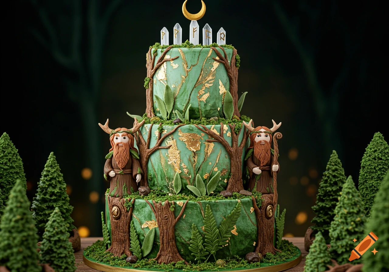 A multi-tiered fantasy cake with green frosting, gold accents, fondant trees, and two druid figures. Rune toppers and a crescent moon are on top.