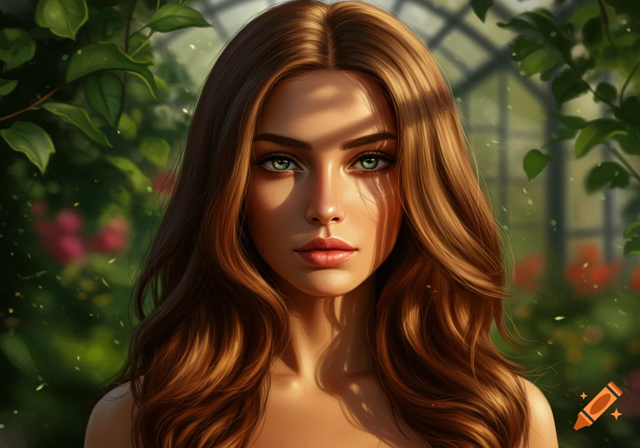 A close-up, photorealistic portrait of an attractive brunette woman with striking green eyes, bathed in dappled sunlight within a lush greenhouse.