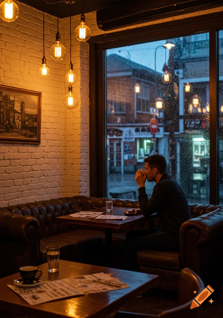 A man sips a drink in a cozy cafe with exposed brick, leather booths, and hanging Edison bulbs, looking out a rainy window at a cityscape.