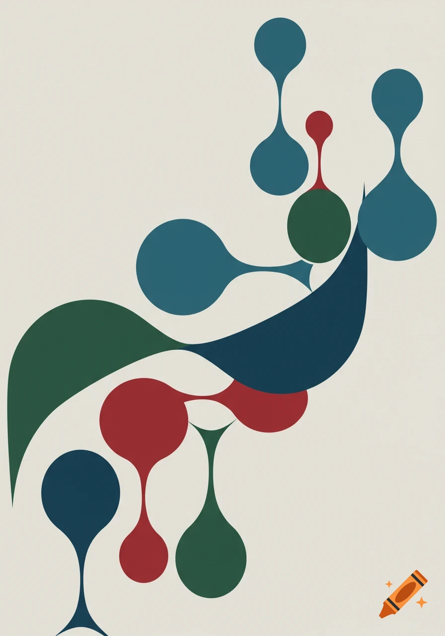 Mid-century minimalist abstract art with interconnected organic shapes in blue, green, and red on a pale background.