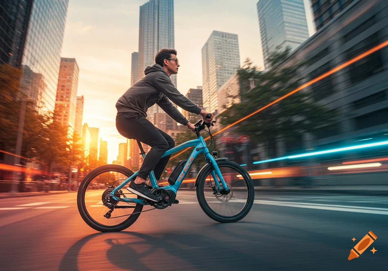 Person riding a blue e-bike on a city street at sunset with motion blur, tall buildings in background.