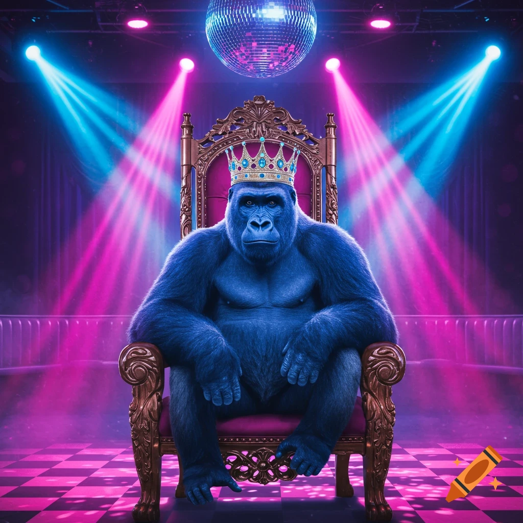 Blue gorilla in a jeweled crown sits on a golden throne in a vibrant nightclub with neon lights and a disco ball.