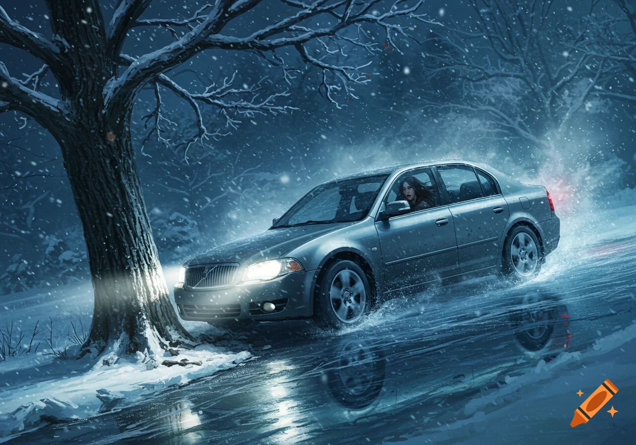 A distressed woman in a grey car skids on black ice near a snow-covered tree during a winter night, in an illustrative style.
