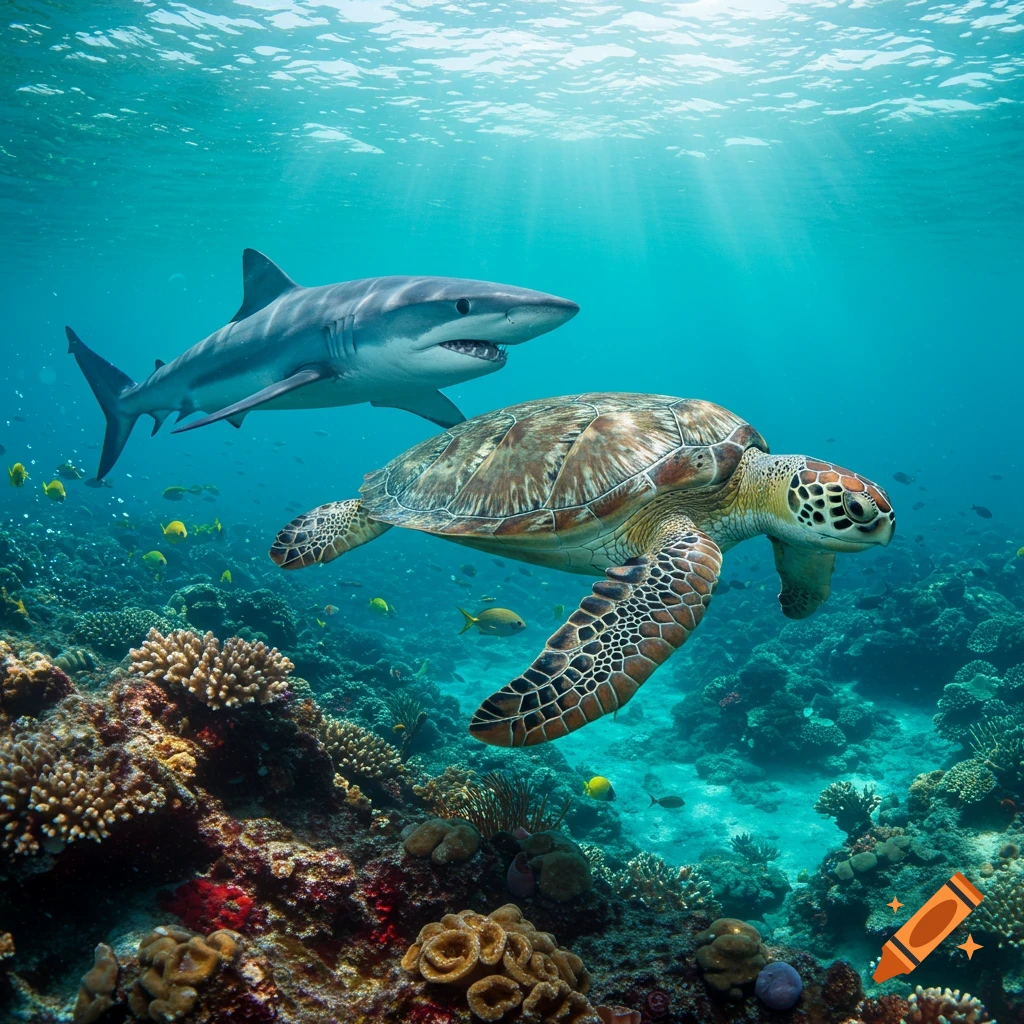 A photorealistic shark and sea turtle swim together over a vibrant coral reef with sun rays filtering through the turquoise ocean.