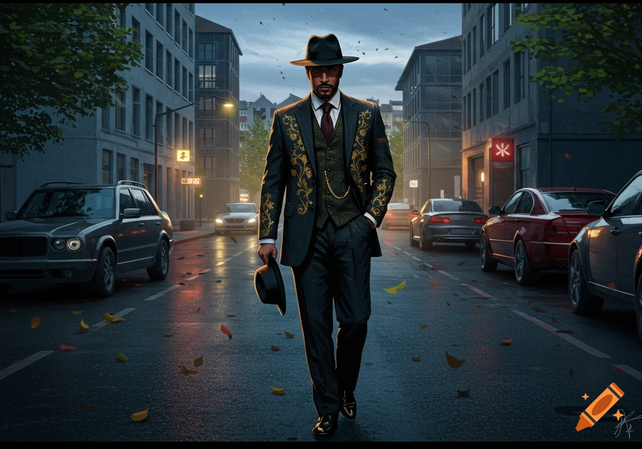 A stylish man in a fedora and an ornate suit walks down a wet city street lined with cars and buildings at dusk in a digital art style.