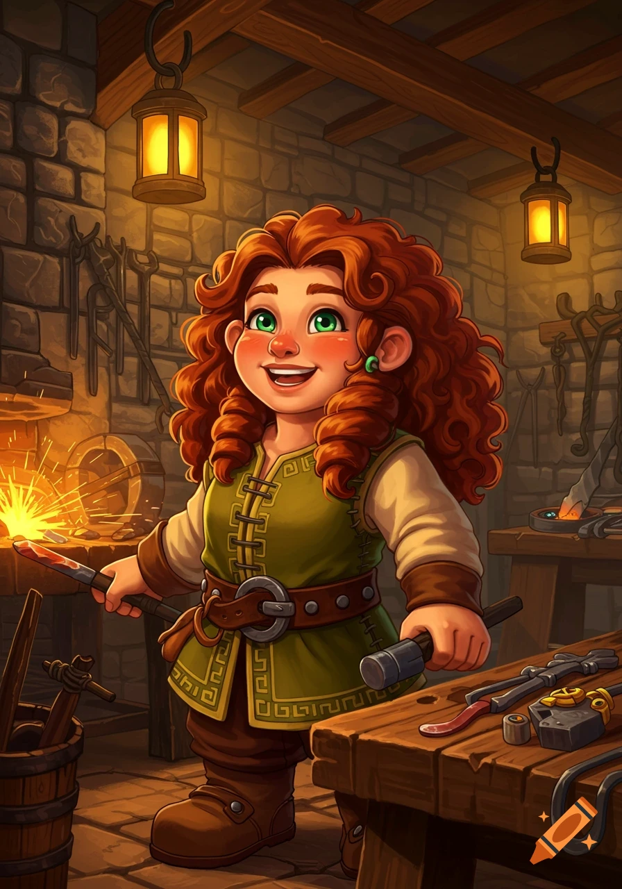 A cheerful, red-haired dwarf girl smiles in a blacksmith's forge, holding a hammer and a glowing metal rod.